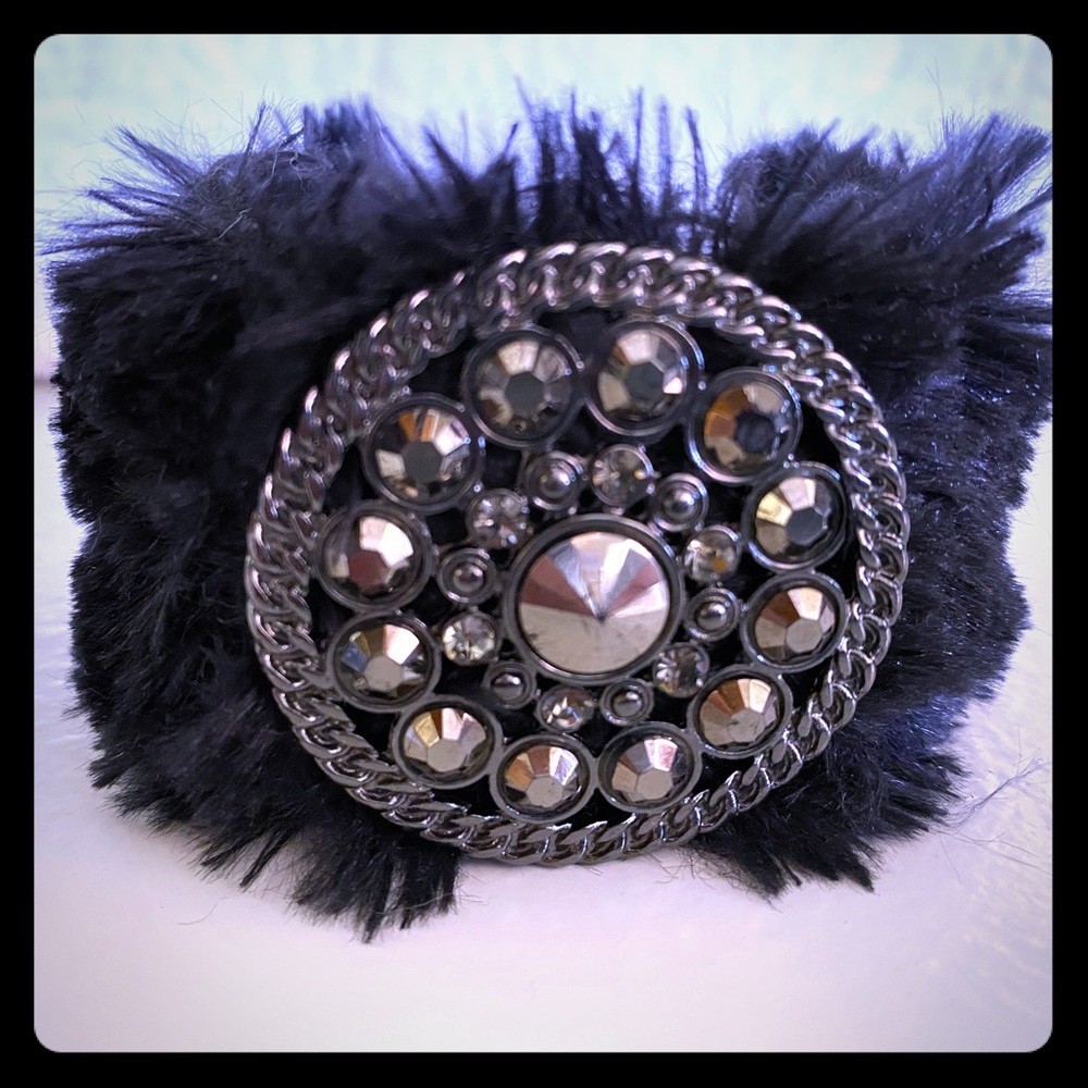 Fur cuff bracelet with black diamond accent